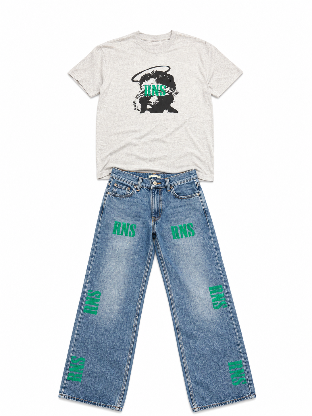 RNS T shirt and denim jeans